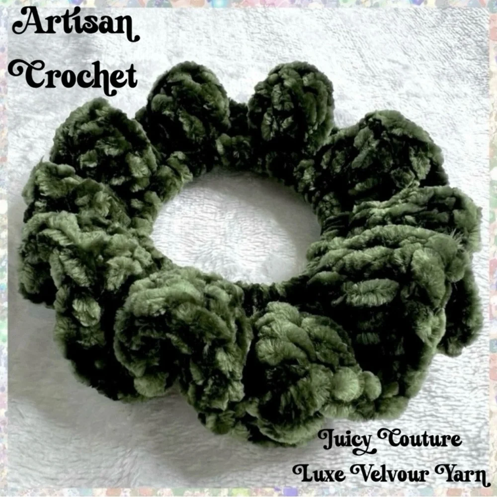 Handmade Crochet VELVET Hunter Green Large Hair Scrunchie PinkRainCloud